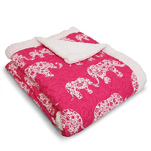 Lush Decor Pink and White Elephant Parade Throw Fuzzy Reversible Sherpa Blanket 60” x 50, 60 x 50