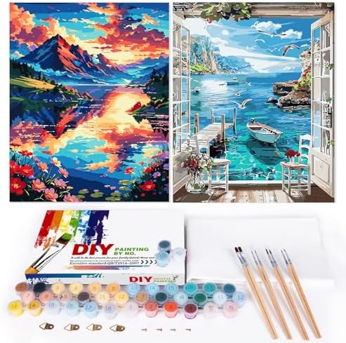 EFOTIML Paint by Numbers Kit for Adults Beginners & Kids Ages 8-12,2 Pack 16x20 inches Canvas for Painting Kits for Adults in Colorful Box(Without Frame)-Sunset and Mountain See Ship(2PCS)