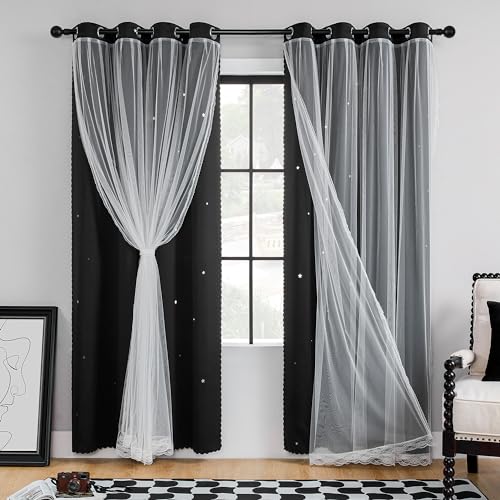 Image of XiDi Black 63x34in Curtain for Bedroom, Girls Room Decor, Living Room, 1 Panel, Blackout Curtains with Laser Cutout Stars, Grommet Top, Washable