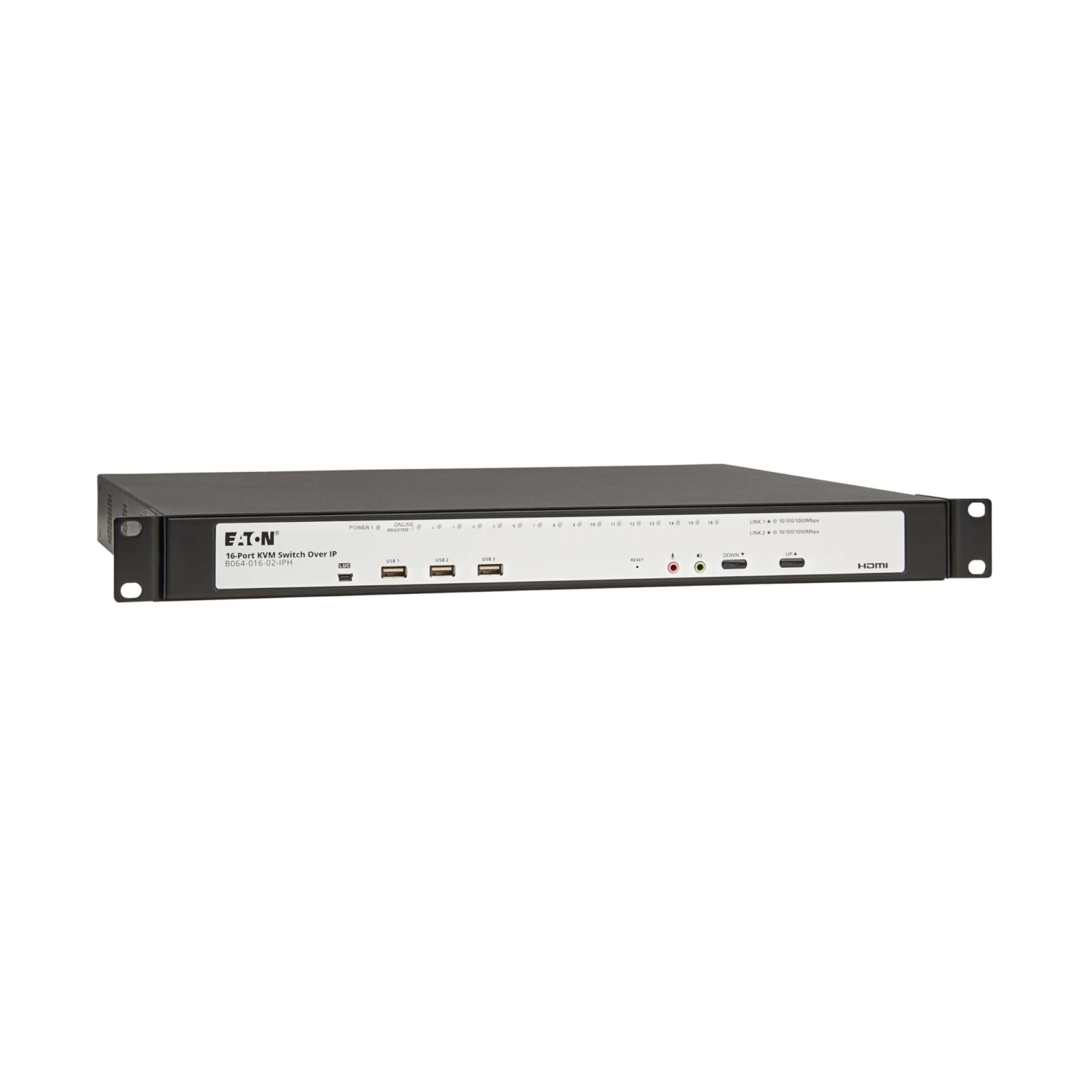 Eaton 16-Port Rack KVM Over IP Switch, Cat5/Cat5e, Virtual Media Connection, 2 Remote/1 Local User, Free Software, VGA or HDMI KVM, 1U Rackmount, TAA Compliant, 3-Year Warranty (B064-016-02-IPH)