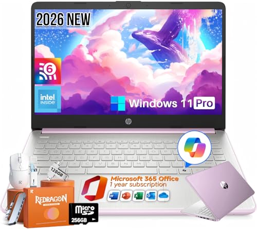 Image of HP 2026 14 inch Laptop Computer, Copilot AI, Intel N150, 16 GB RAM, 512 GB Storage(128GB UFS+256GB MSD+128GB UFD), 1-Year Office 365, WiFi 6, Ultra Light, Portable, Windows 11 Pro, Honey Lavender