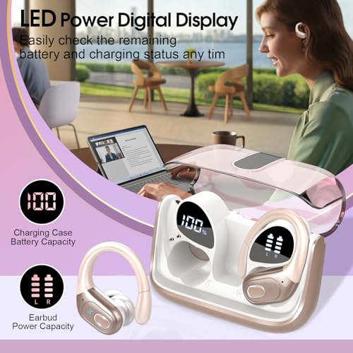 Aptkdoe 2 Sets Wireless Earbuds Sport, Bluetooth 5.4 Over Ear Buds Stereo Deep Bass Over Ear Bud with Earhooks, 75H Wireless Earphones with Mic, IPX7 Waterproof Earphone for Sports Rose Gold+White - image 6
