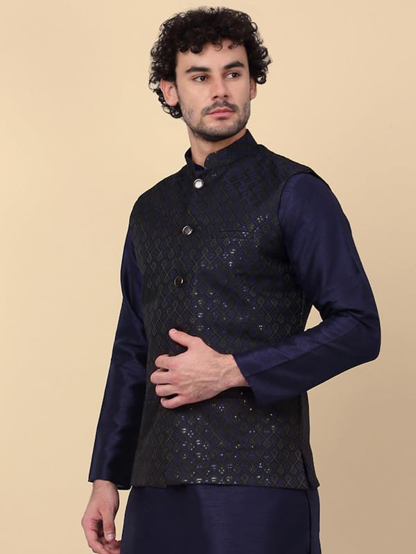 Image of KRAFT INDIA Men's Embroidered Sequins Jacquard Nehru Jacket