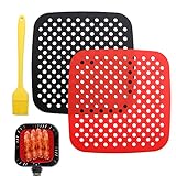 YouMen 2 Piezas 8.5 Inch Alfombrilla Silicona Freidora Aire Revestimientos Cuadrados Reutilizables Alfombrilla Silicona Freidora Aire para Freidoras de Aire Pequeñas y Medianas(Negro + Rojo)