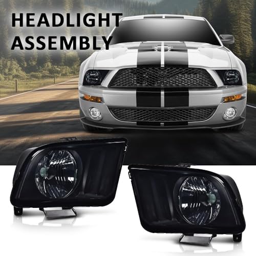 Image of G-PLUS Headlights Assembly, Compatible with Ford Mustang 2005 2006 2007 2008 2009 Bumper Headlamps, Left & Right Smoky Lens Black Housing Amber Reflector