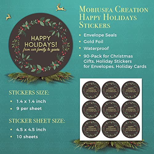 Mobiusea Creation Happy Holidays Stickers | Envelope Seals | 1.4 Inch | Gold Foil | Black Wreath Christmas Stickers | Waterproof | 90-Pack For Christmas Gifts, Envelopes, Holiday Cards #TOP2
