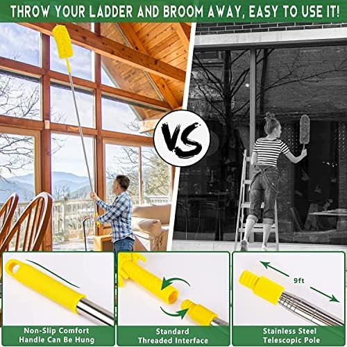 17 Foot High Reach Duster Kit with 2-9 Foot Extension Pole, Newliton 3-in-1 High Ceiling Chenille Duster, Microfiber Duster, Cobweb Duster, Indoor & Outdoor Extendable Bendable Duster Cleaning Set
