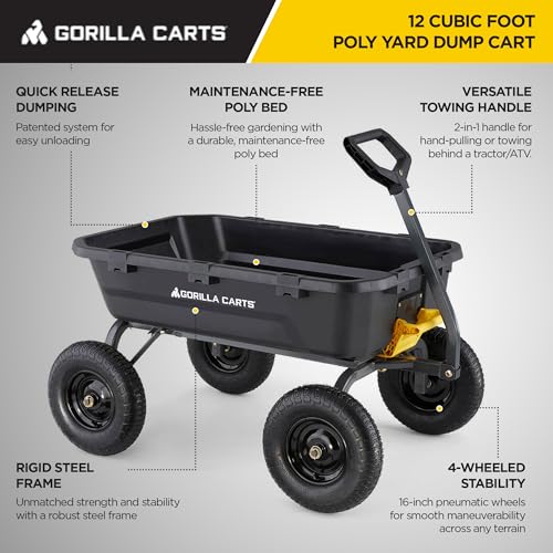 Gorilla Carts Heavy-Duty Poly Yard Dump Cart, 12 Cu Ft Tub, 1600 lb Haul Capacity, Black – Towable Utility Wagon with Quick-Release Dumping & Pneumatic Tires for Landscaping and Gardening