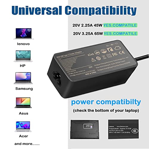 Cargador 65W 45W USB C Portatil Chromebook para Lenovo Thinkpad 300e 2nd Gen 100e C340 Yoga S730 730 910 920-13ikb X1 Carbon T480 T480s T580 Acer HP DELL ASUS Toshiba Ordenador Adaptador Corriente