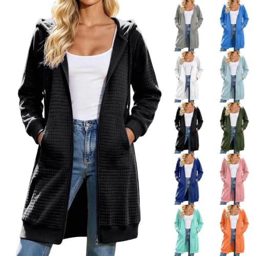 GOSEAGOTOFUN Long Hoodies for Women Waffle Knit Zip Up Hoodie Lightweight Long Sleeve Hooded Sweatshirts Casual Fall Outfits 01-Black Large - image 1