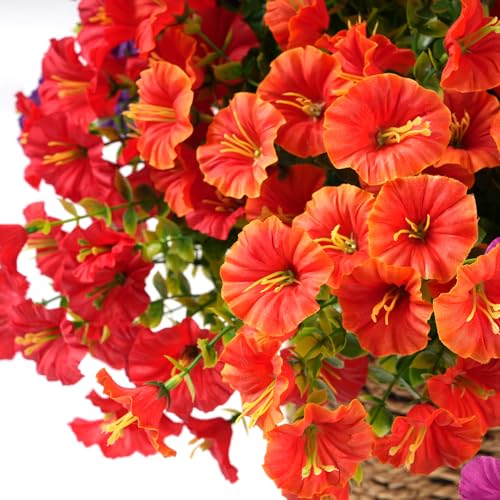 Image of Artificial Flowers for Outdoors, UV Resistant Fake Silk Morning Glory, Realistic Faux Plants for Outside Porch Patio Window Box Hanging Planter (16, Orange)