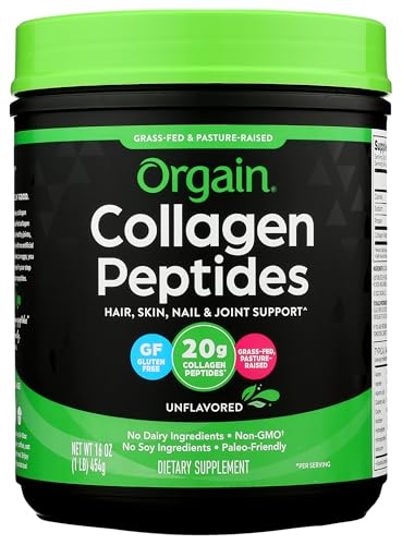 Orgain Hydrolyzed Collagen Peptides Powder For Women & Men, 20g Grass Fed Collagen, Unflavored - Hair, Skin, Nail, & Joint Support Supplement, Paleo & Keto, Non-GMO, Type I and III, 1lb
