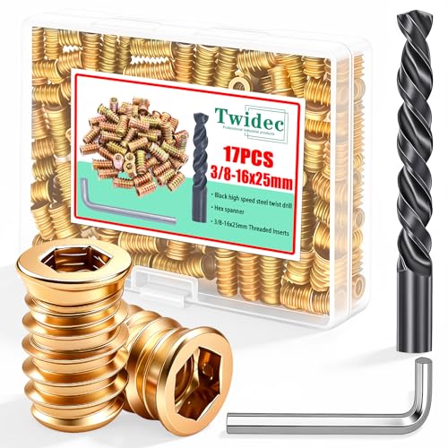 Twidec/17PCS 3/8-16 Threaded Inserts for Wood Furniture Screw-in Nut Wood Inserts Bolt Assortment Kit with Hex Wrench and Drill Bit(3/8-16x25mm)