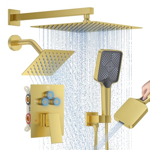 Image of Woindo Shower Faucet Set, 12 inch Wall Mount Rainfall Shower System with 2 Rain Shower Head and Multi-function Handheld Head Push Button Diverter Shower Faucet Trim Kit