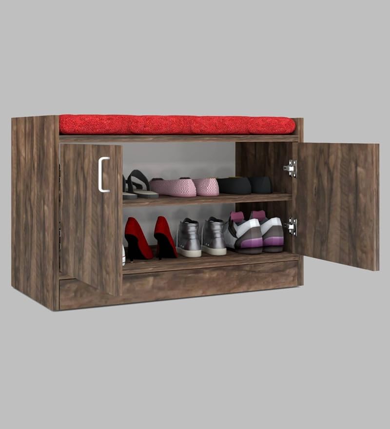 Image of SPECIALITY PANELS 2 Door Shoe Rack with Cushion, DIY Assembly, Brown Wood Finish with Red Cushion, 75x49 cm Entryway Storage Bench