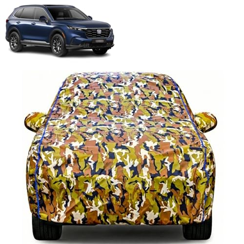 Image of Waterproof Car Body Cover for Honda CR-V with Mirror Pocket| Cotton Inner Lining | Triple Stitched | All Weather Protection | Dust, UV & Rain Proof (Camouflage with Blue Piping)