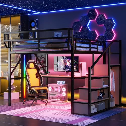 Mirightone Queen Size Loft Bed with Stairs & Desk, Metal Loft Bed Frame with LED and Charging Station, High Loft Beds Gaming Lofted Queen Bed with Storage Shelf for Kids and Teens (Black+Natural)