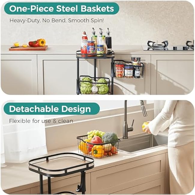 5 Tier Kitchen Fruit Vegetable Storage Cart with One-Piece Rotating Basket, Pantry Organizer Shelf Rack Floor Stand for Veggie Onion Potato Produce Spice, Rolling Snack Cart on Wheels, Black-Nb8r08Ly