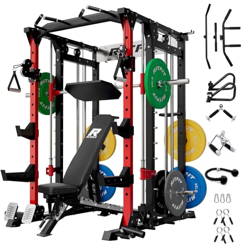 RitFit Buffalo Smith Machine, Power cage with LAT-Pull Down System & Cable Crossover System, All-in-One Squat Rack for Home Gym, Power Rack