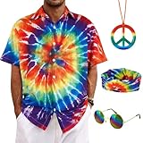 Bombline 4 Pieces Hippie Costume Set,Tie Dye Button Down Shirt Men,Tie Dye Sunglasses Headband,Peace Sign Necklace,70s 80s 90s Outfits for Men, Large