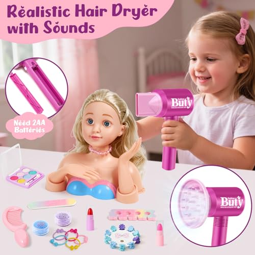 G.C Schminkpuppe Frisierkopf für Kinder Mädchen Spielzeug mit Schminkkopf Haartrockner Nagellack Kinderschminke Friseur Zubehör, Puppenkopf zum Frisieren und Schminken Geschenk Mädchen 3 4 5 6 Jahre