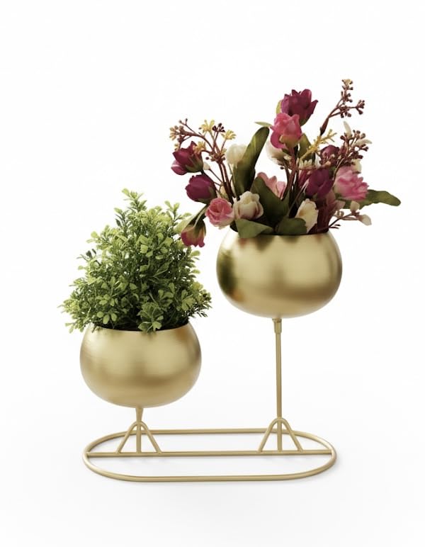 Modern Luxe Dual Gold Metal Planter Set, Contemporary Decorative Tabletop Accent with Rounded Vessels, Minimalist Stand for Home Decor-picture-33