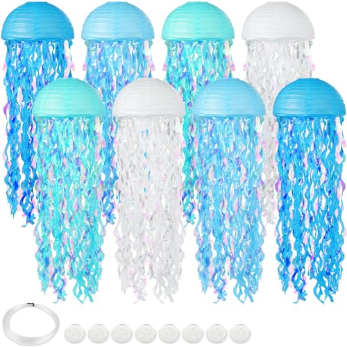 Image of 8 pcs Jellyfish Paper Lanterns Ocean Birthday Party Decorations with Hooks and Ropes, Hanging Jellyfish Decorations for Baby Shower Under The Sea Mermaid Spongebob Birthday Classroom Decorations