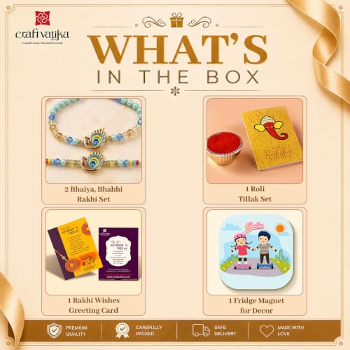 Image of CraftVatika Rakhi Gift Combo Set for Brother and Bhabhi, Bhaiya Bhabhi Rakhi Set of 2, Peacock Couple Pair Rakhis for Rakshabandhan, Fridge Magnet Raki Gift with Best Wishes Card and Tillak Set