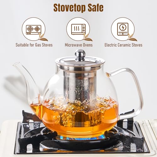 Image of PARACITY Glass Teapot Stovetop 34 OZ, Borosilicate Clear Tea Kettle with Removable 18 /8 Stainless Steel Infuser, Teapot Blooming and Loose Leaf Tea Maker Tea Brewer for Camping, Travel