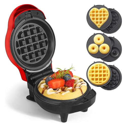 AHDXKUE 3 in 1 Waffle Maker Set Mini Waffle Maker Donut Maker with Changeable Plates, Non-Stick Pancake Maker for Snack, Food, Desserts, Waffles, Sandwiches, Family
