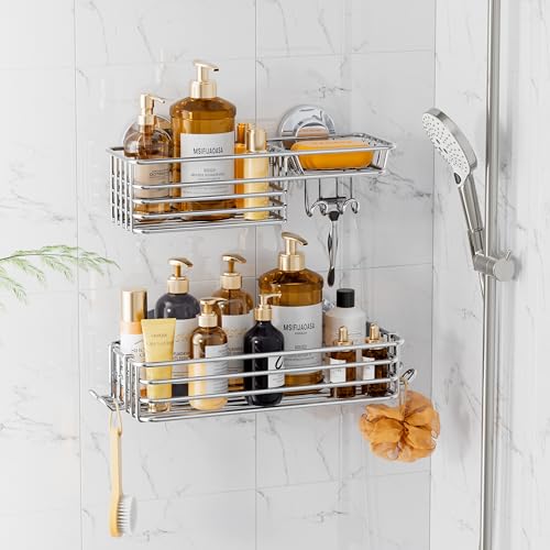 Image of LEVERLOC Shower Caddy Suction Cup, 2 Pack Heavy Duty Bathroom Organizer for Inside Shower with Hooks & Soap holder, Removable and Rustproof Silver bathroom Holder Storage