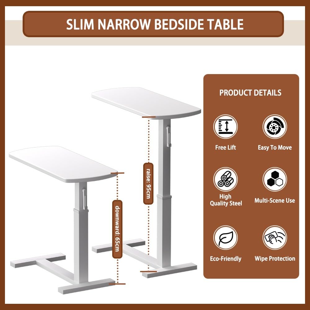 Mesita Auxiliar en Forma de C con Altura Ajustable, con Ruedas, para Colocar Debajo del sofá, Ideal como Escritorio para portátil. Altura Ajustable de 65 cm a 95 cm