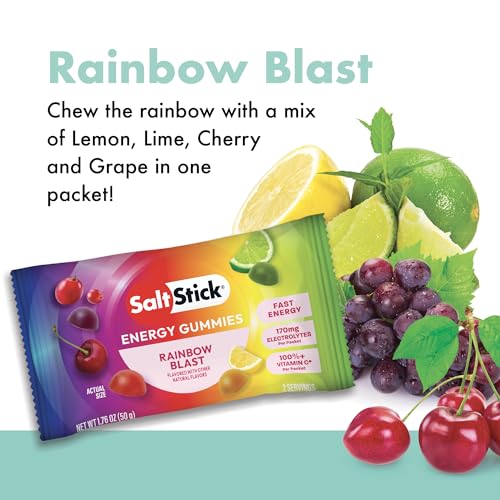 Image of SaltStick Energy Gummies with Electrolytes, Rainbow Blast, Easy to Chew Electrolyte Gummy, Energy Chews that Taste Great, Caffeine Free - 10 Packs, 80 Gummies