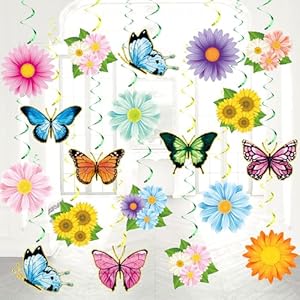 64 Pcs Flower Hanging Swirl Decorations Spring Flower Butterfly Hanging Swirl Ceiling Wall Decor Colorful Flower Butterfly Cutouts for Spring Summer Baby Shower Wedding Birthday Party Decorations
