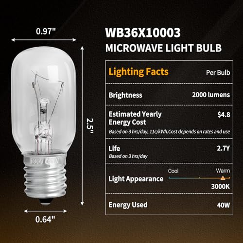 Image of UP2WIN Light Bulbs Compatible with GE Maytag Frigidaire Kenmore Microwave Oven GE Microwave WB36X10003 - E17 Base 130V 40W Microwave Light Bulb 2 Pack