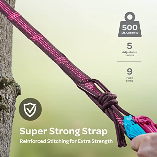 Image of Durable Hammock 500 lb Capacity, Nylon Camping Hammock Chair - Double or Single Sizes w /Tree Straps and Attached Carry Bag - Portable for Travel /Backpacking /Beach /Backyard (Large, Fuchsia & Sky Blue)