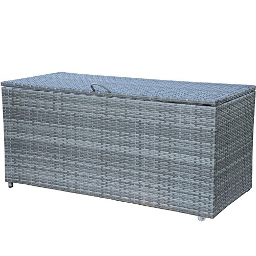 PatioPost Deck Storage Container Box& Garden Bench PE Wicker Outdoor Patio Garden Furniture 110 Gal, Grey