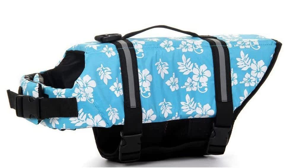 Izefia Dog Life Jacket Swimming Safety Coat Floatation Life Vest Life Saver with Handle for Small Dog Puppy Large Dog (Blue Flower, S)