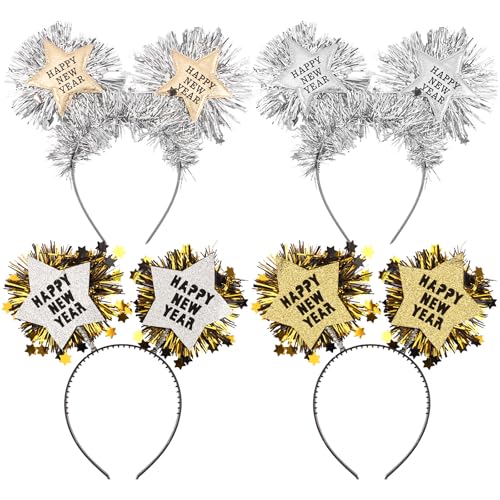 FASOTY 4PCS Happy New Year Headbands for Women Silver and Gold Hair Hoop Headdress Hair Accessories for New Years Eve Party Supplies 2026