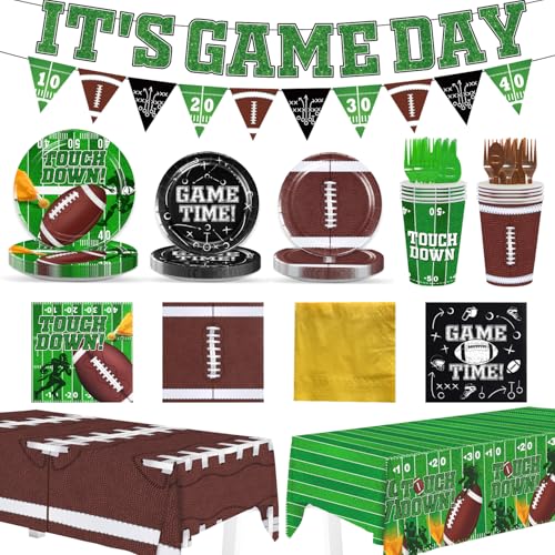 Football Party Supplies Kit Serve 24, Football Party Decorations Include It's Game Day Banner Football Paper Plates Napkins Cups Forks Knives Spoons Tablecloths for Football Birthday Party Decorations