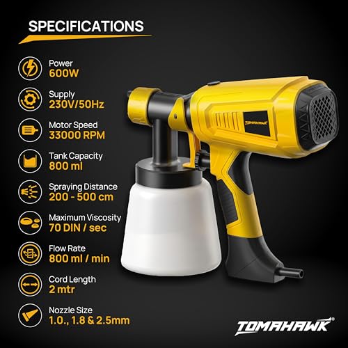 Image of TOMAHAWK EPS-B08 600W Electric Paint Sprayer Gun | 800ml Tank | HVLP Spray System | 33000 RPM | Adjustable Flow Control | 3 Copper Nozzles (1.0 /1.8 /2.5mm) for Walls, Furniture, Wood & DIY Painting