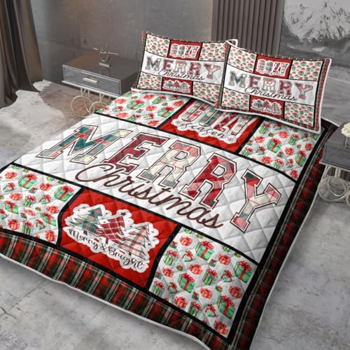 MILANKET 3pcs Christmas Theme Print Quilt Set Queen Size for Kids Teens Checkered Bedspread Coverlet Lightweight Microfiber Bedding Set with 2 Pillow Shams