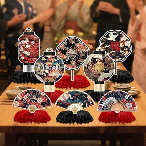 Image of Hibachi Birthday Party Decorations - 12 Pcs Japanese Paper Folding Fans Lanterns Honeycomb Centerpieces Set, Cherries Blossom Flowers Cranes Happy Dinner Supplies Table Decor for Men Women