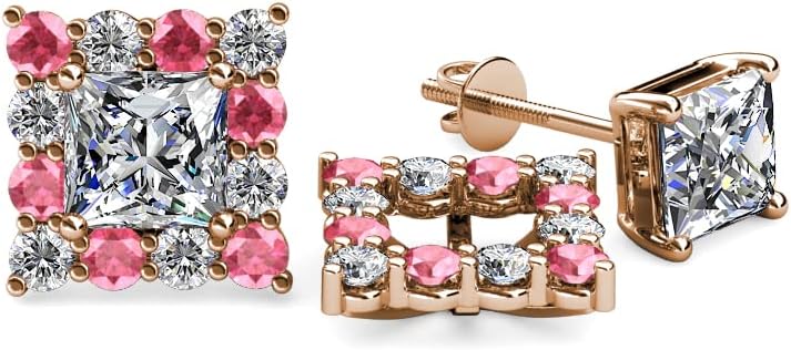 Pink Tourmaline & Natural Diamond Halo Jacket for Princess Cut Stud Earrings 0.76 ctw 14K Gold