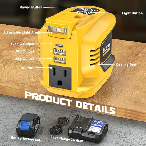 Power Inverter,200W Portable Power Station Generator for DeWALT 20V,Battery Inverter 20v to AC 110v,Supply Charger Adapter with Dual USB,AC Outlet and Type-C with 5Ah Battery & Charger Station Kit - Image 3