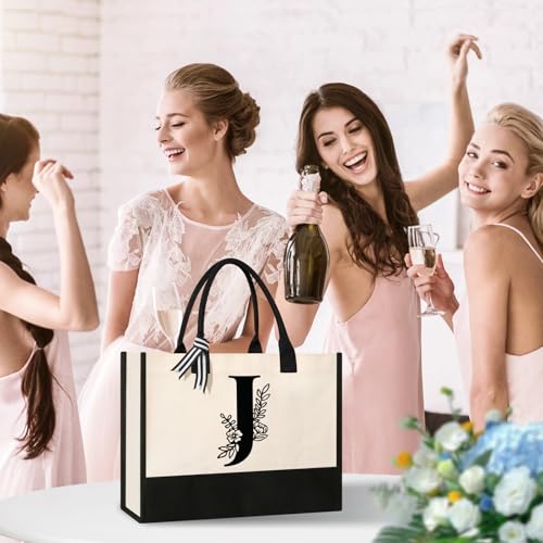 Image of Tecanne Personalized Initial Canvas Tote Bag, Suitable for Birthday, Wedding, Beach, Holiday, Gifts for Women, Mom, Teachers, Nurses, Best Friends, Bridesmaids (J)