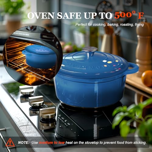 Image of Overmont Enameled Cast Iron Dutch Oven - 4.5QT Pot with Lid Cookbook & Cotton Potholders - Heavy-Duty Cookware for Braising, Stews, Roasting, Sourdough Baking blue