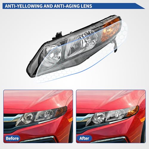 Image of OEDRO Headlight Assembly Compatible with 2006-2011 Civic 4-Door, Headlamp with Black Housing Amber Reflector, Clear Lens