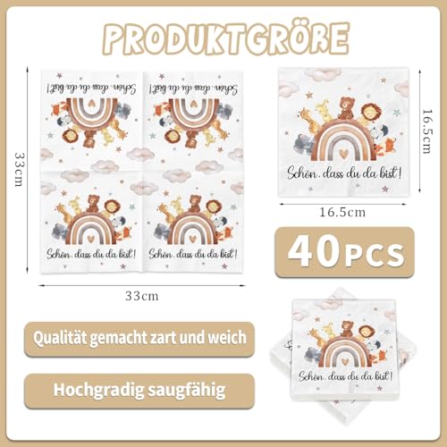 Servietten Geburtstag Kinder, 40 Stück Servietten Schön Dass Du Da Bist, Geburtstagsservietten, Kinderparty-Servietten, Tiermotiv, Geburtsfeier Jungen und Mädchen