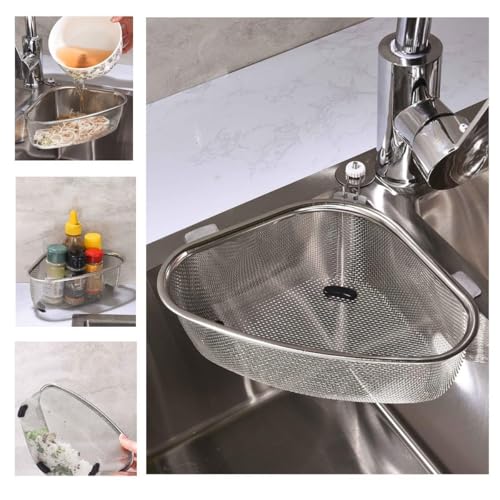 Image of Stainless Steel Dish Rack Drain Basket with Drip Tray & Spoon Holder Dish Drainer for Kitchen Drying Stand /Kuda /Plate Rack /Bartan Over Sink Counter Dish Rack Drain Basket Steel Tray Kitchen (Triangle)